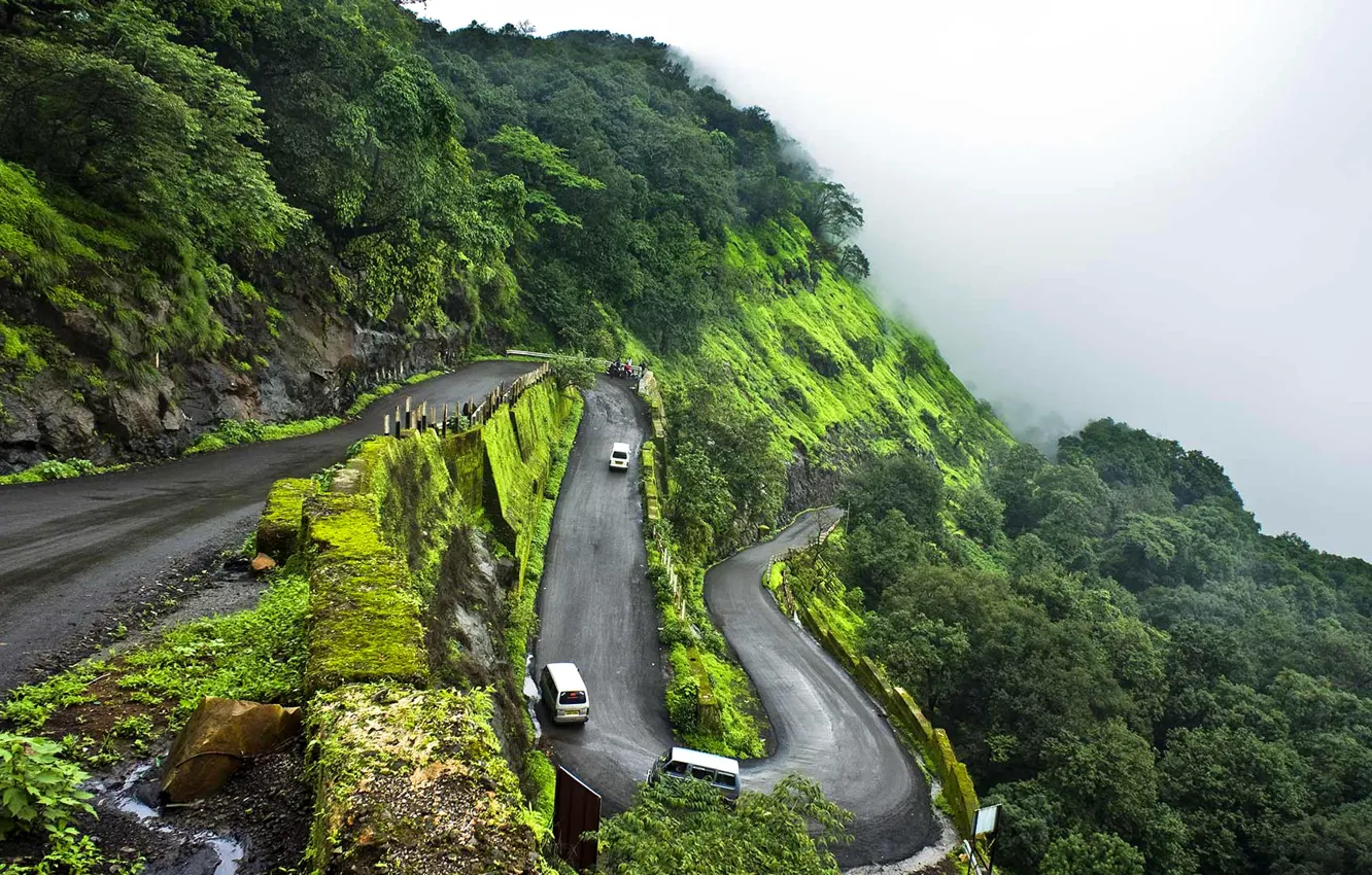 Фото обои дорога, туман, Индия, серпантин, Махараштра, горная станция, Матеран