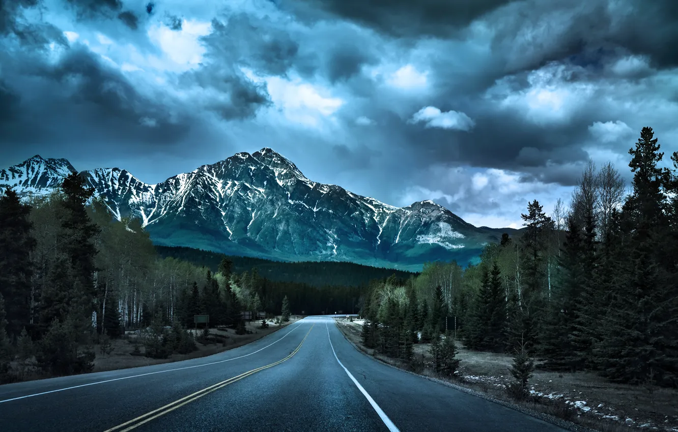 Фото обои дорога, лес, небо, горы, тучи, forest, road, sky
