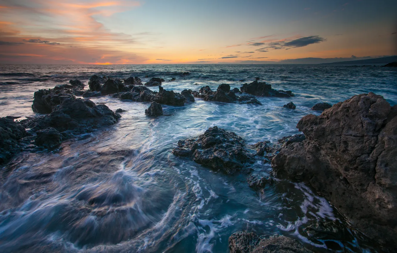 Фото обои море, закат, камни, Гавайи, Hawaii, © Benjamin Torode