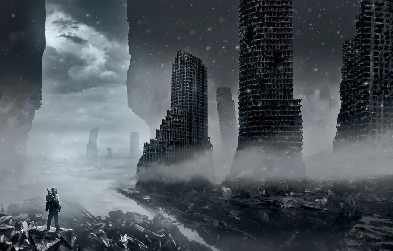Фото обои зима, снег, тучи, город, оружие, разрушения, арт, разруха