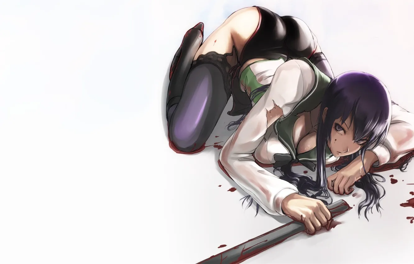 Фото обои кровь, меч, лежит, highschool of the dead, saeko busujima