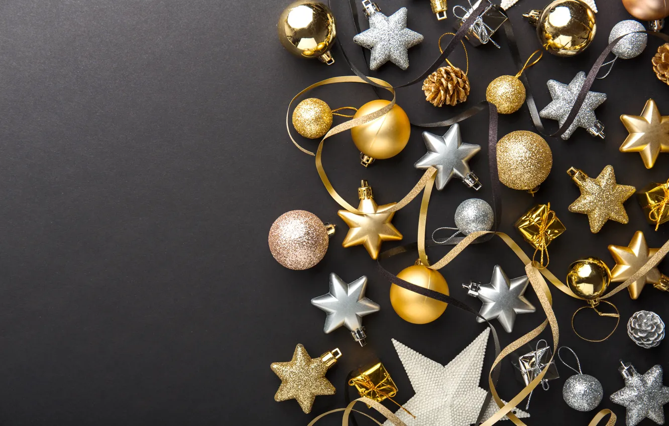 Фото обои украшения, шары, Новый Год, Рождество, silver, golden, черный фон, black