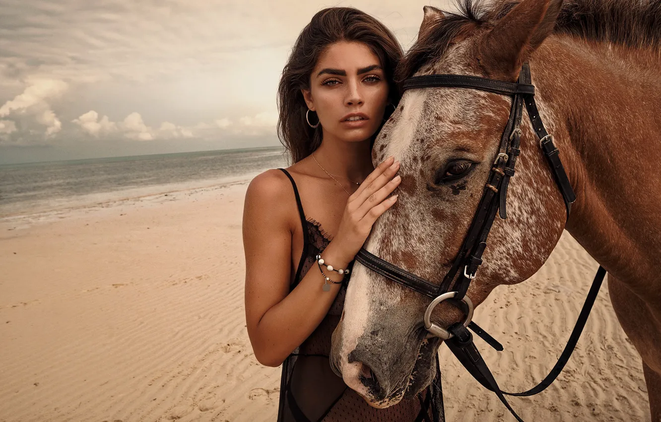 Фото обои море, взгляд, девушка, берег, лошадь, Tommy Napolitano