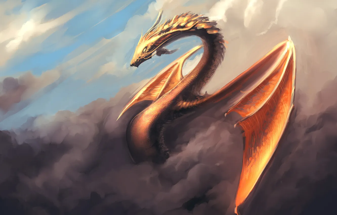 Фото обои небо, облака, дракон, крылья, арт