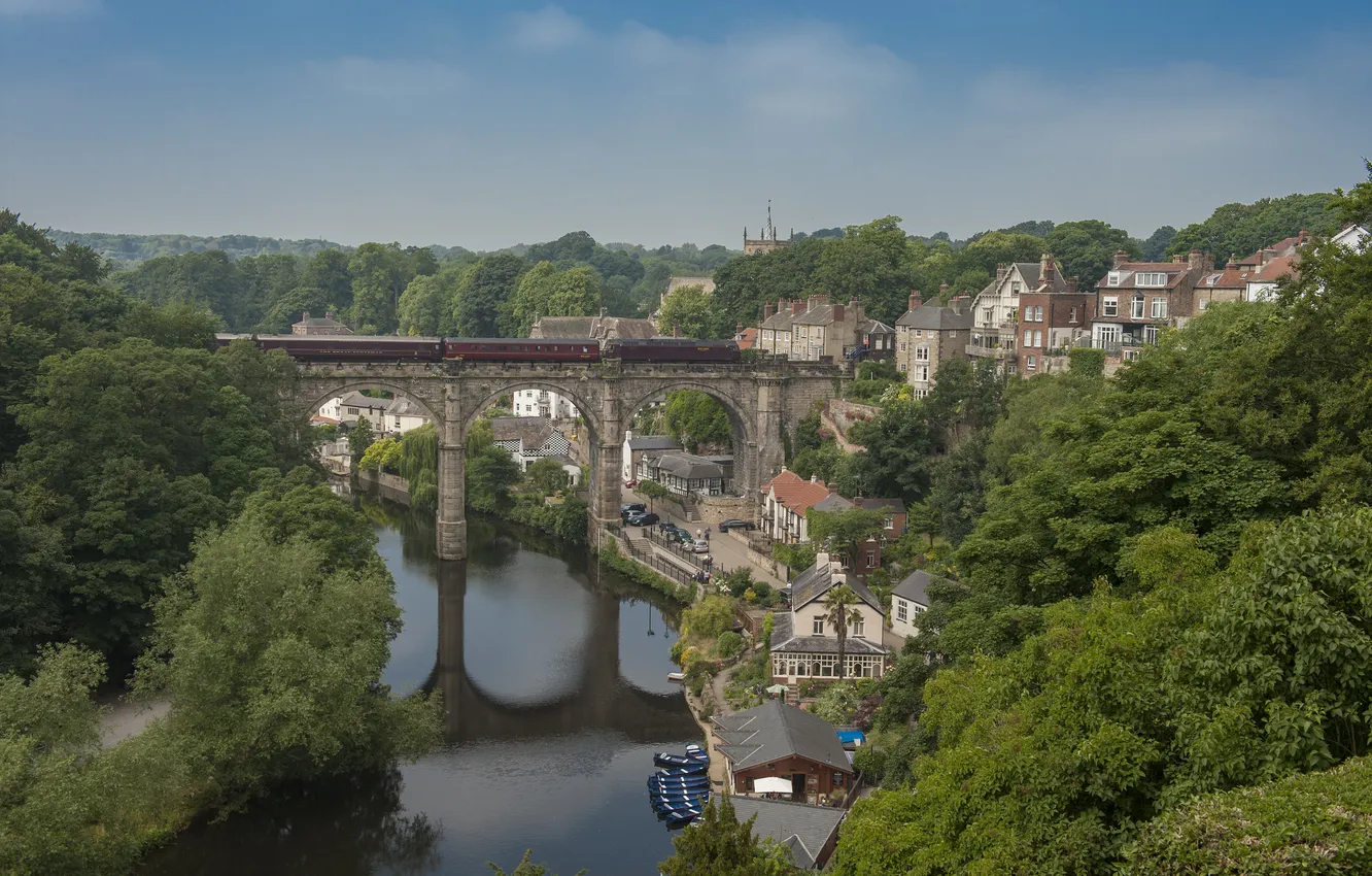 Фото обои пейзаж, мост, река, Англия, поезд, панорама, England, Knaresborough