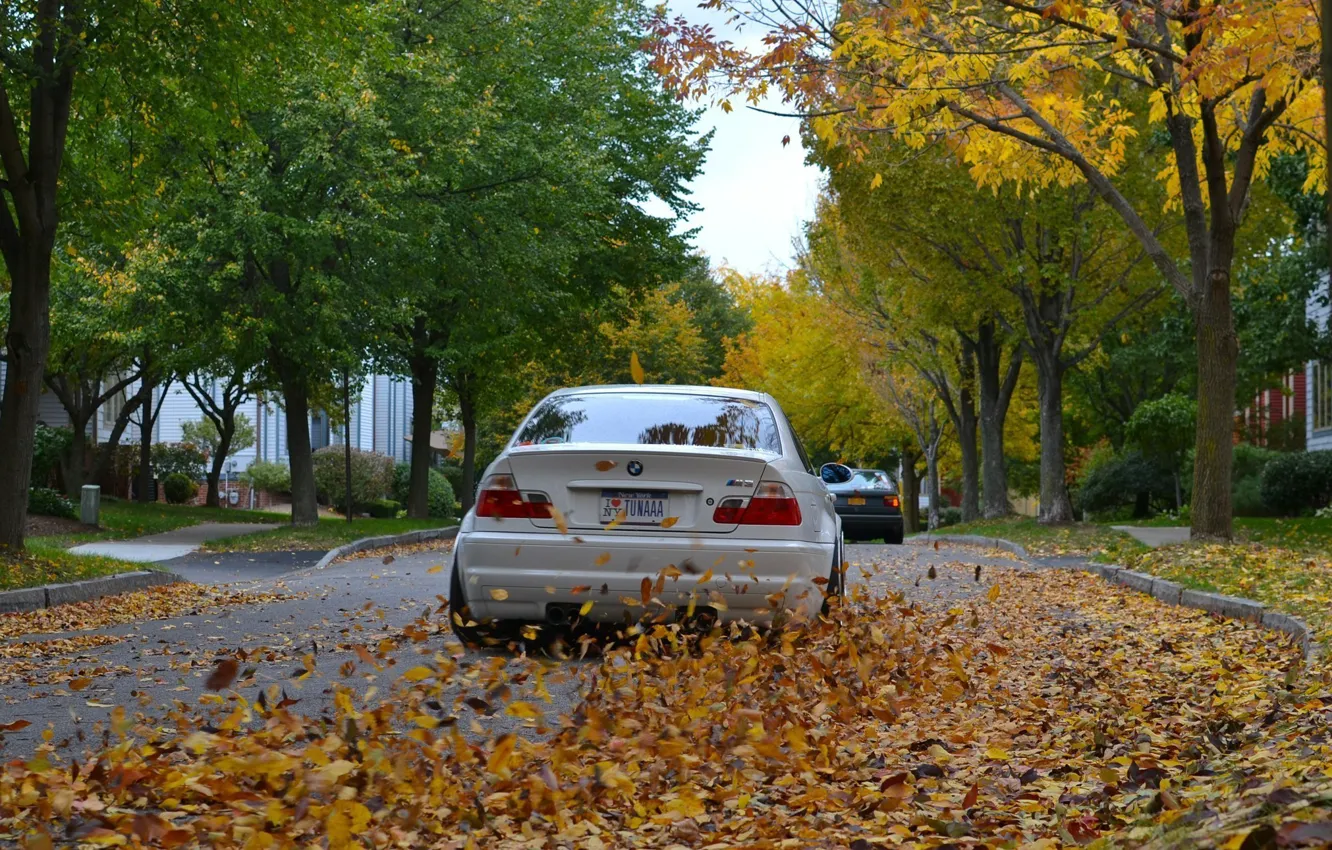 Фото обои дорога, осень, листья, BMW, Белая, Coupe, E46