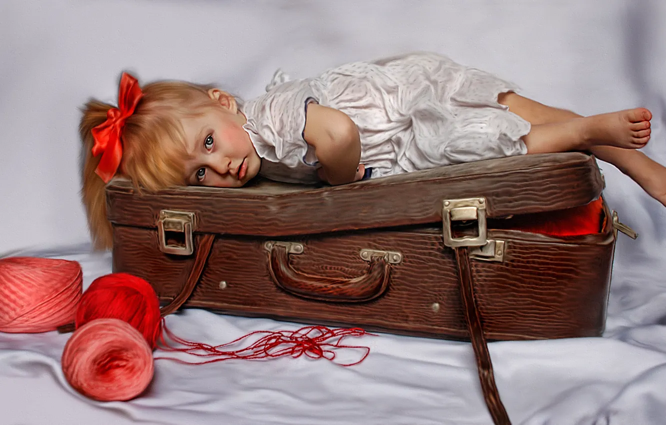Фото обои текстура, девочка, чемодан, нитки