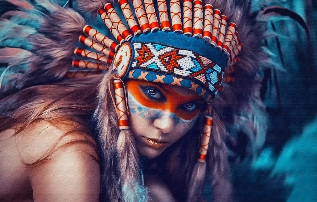 Фото обои девушка, портрет, текстура, перья, головной убор, индианка, боевая раскраска, типа картина