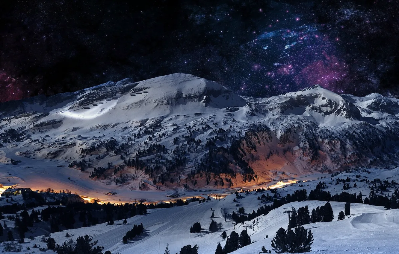 Фото обои зима, горы, звездное небо