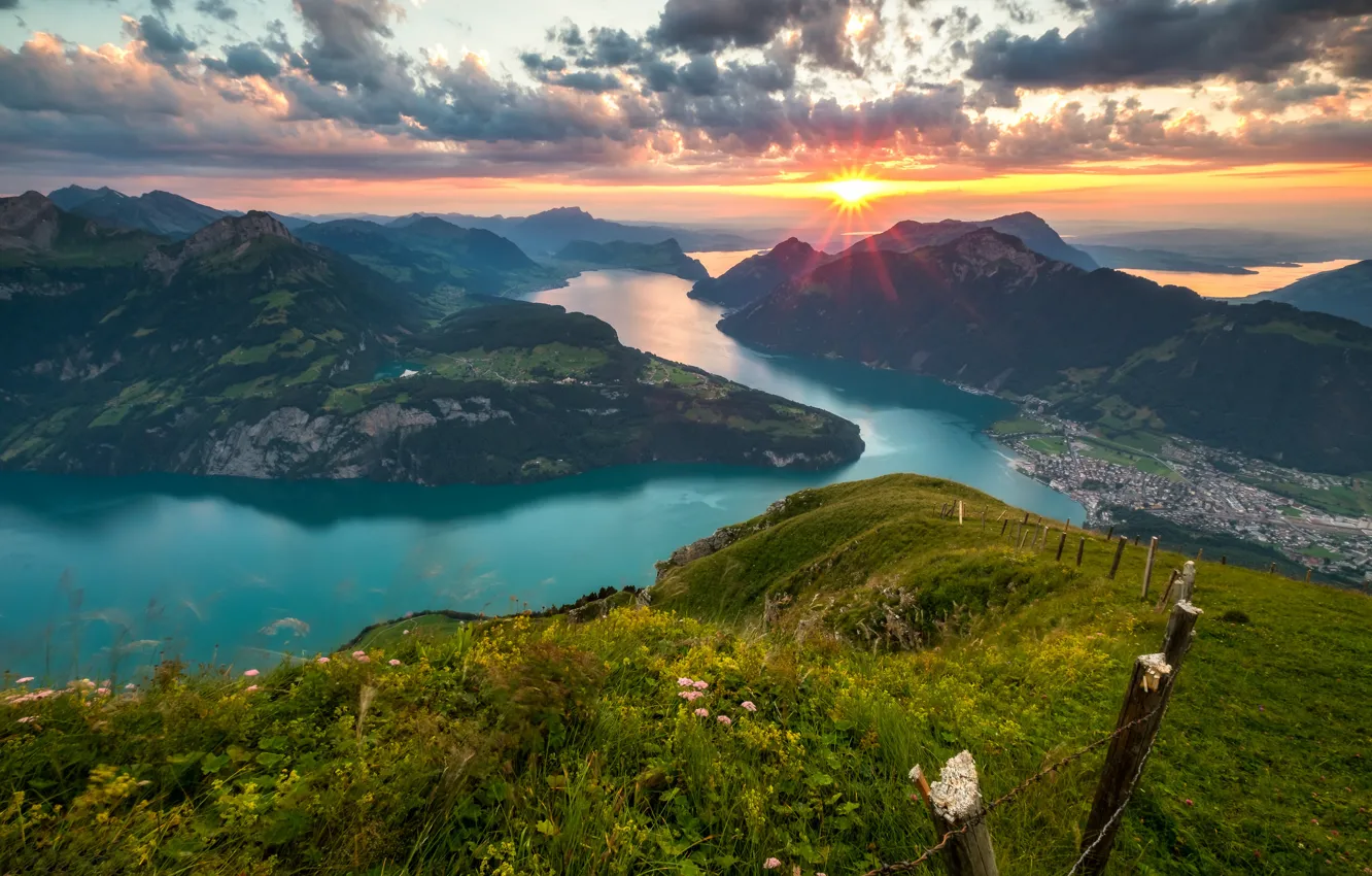 Фото обои закат, горы, озеро, Швейцария, Альпы, панорама, Switzerland, Alps