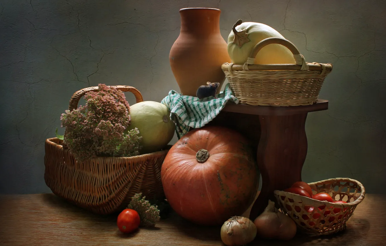 Фото обои тыква, кувшин, натюрморт, овощи, корзинки