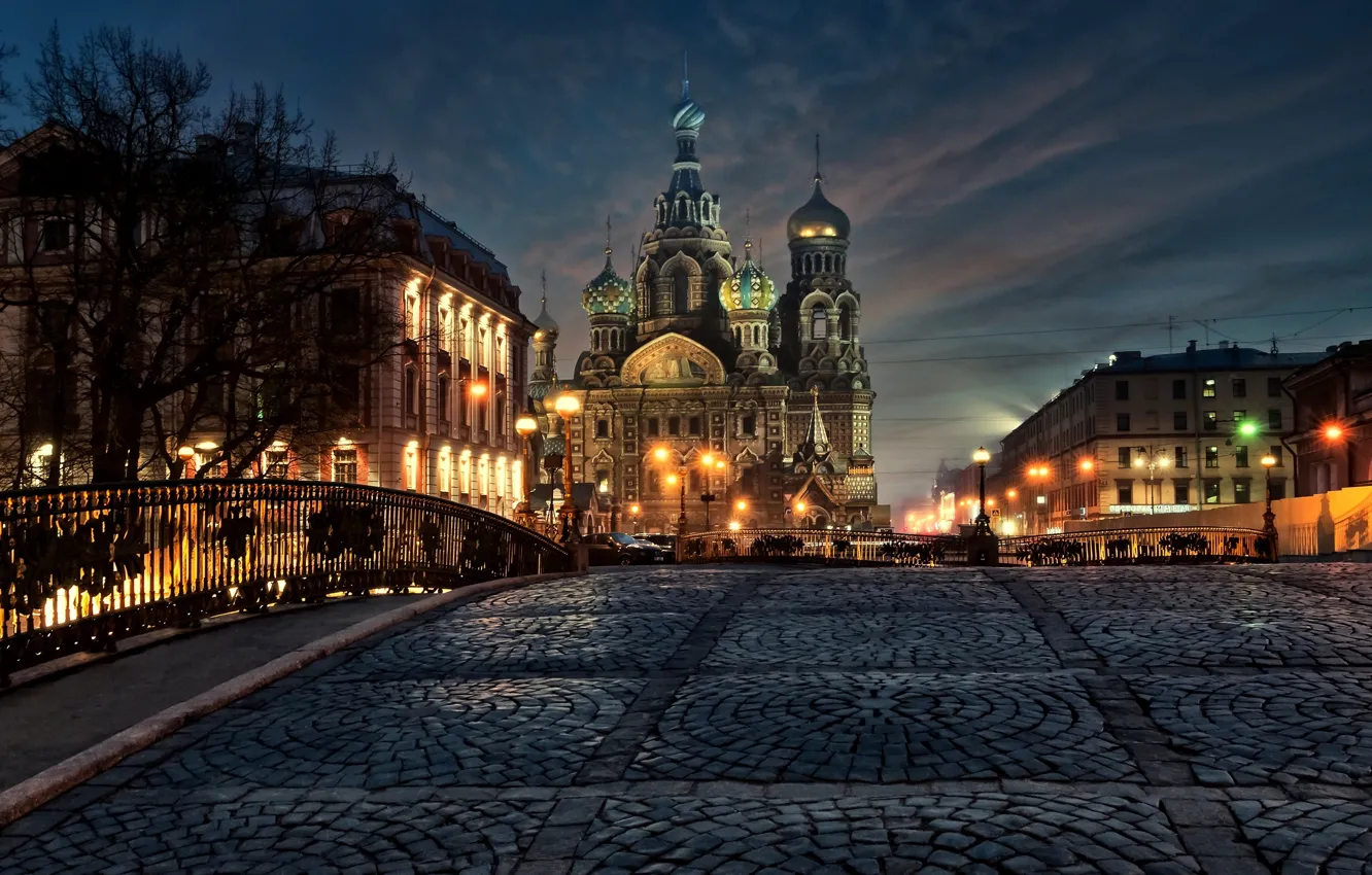 Фото обои мост, здания, дома, Санкт-Петербург, собор, храм, Россия, ночной город
