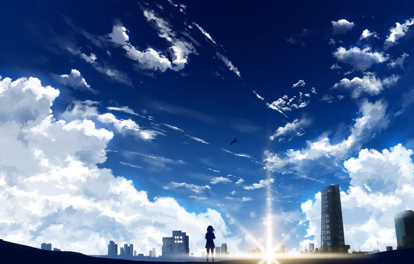 Фото обои небо, девушка, солнце, птицы, город, Miyamizu Mitsuha, Y_Y, Your Name.