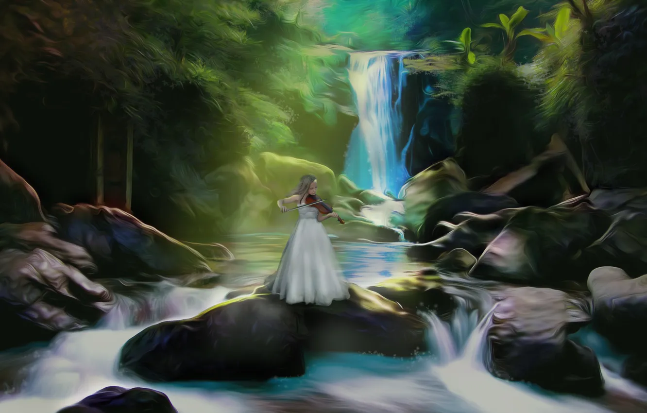 Фото обои девушка, природа, музыка, река, камни, скрипка, водопад, арт