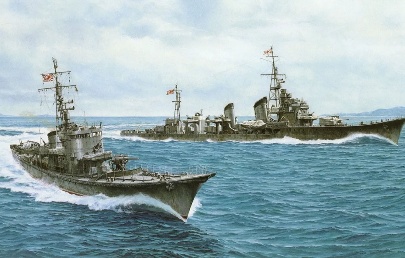 Фото обои корабль, арт, флот, военный, японский, эсминец, противолодочный, WW2