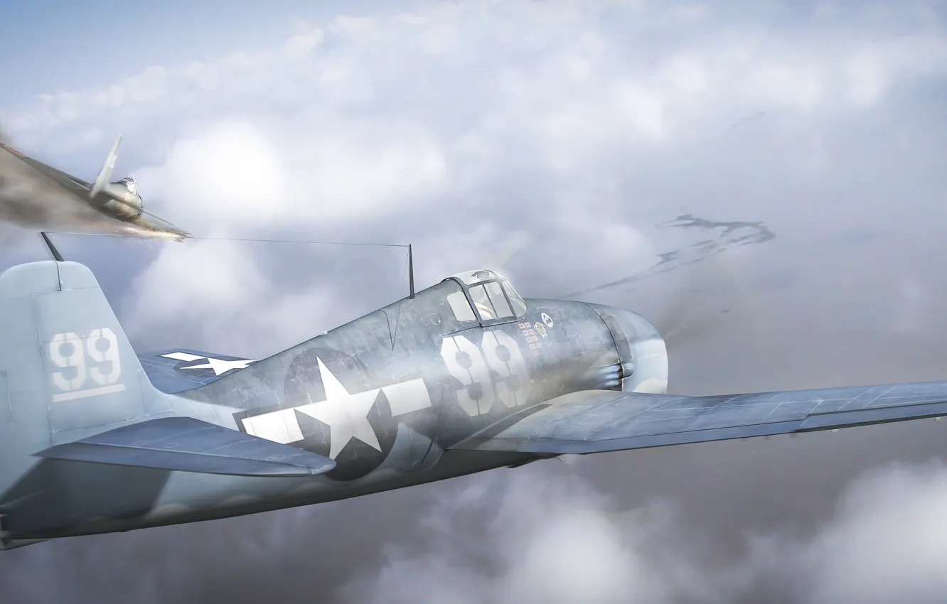 Фото обои полет, дым, арт, самолеты, битва, в небе, World War II, The Battle of the Philippine …