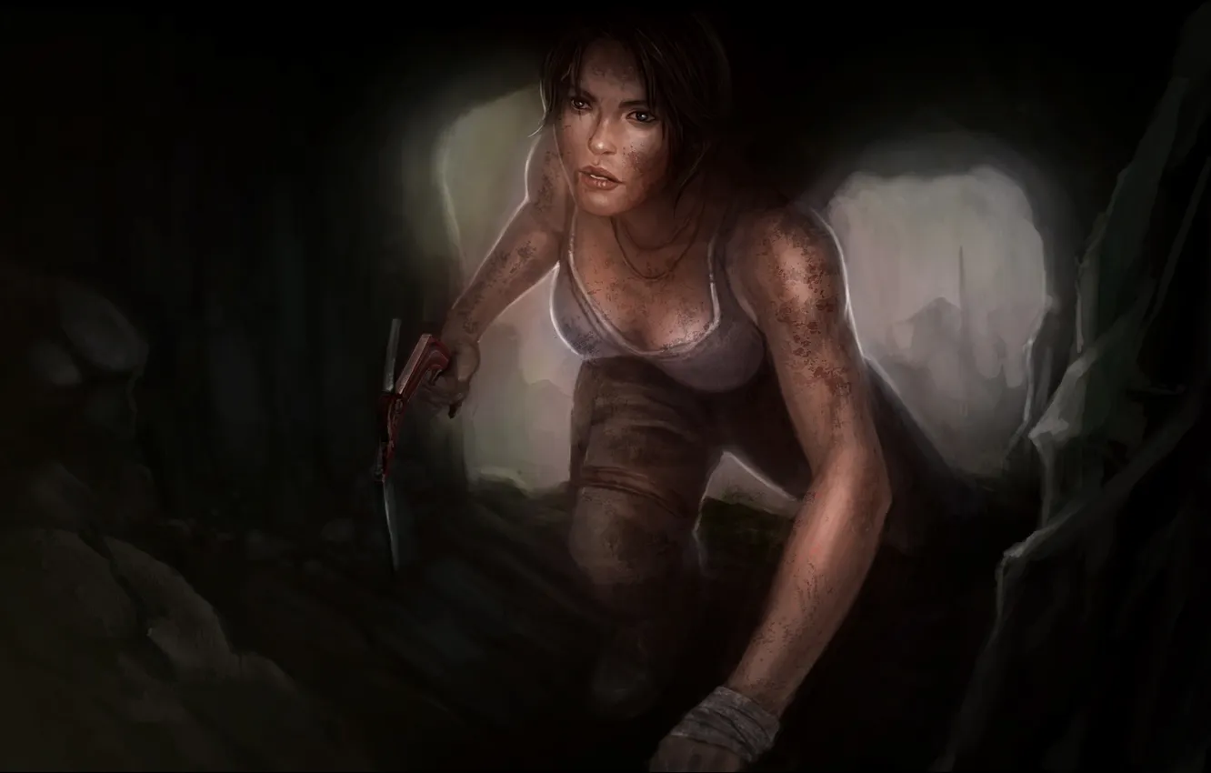 Фото обои взгляд, девушка, лицо, арт, Tomb Raider, art, Lara Croft, карабкается