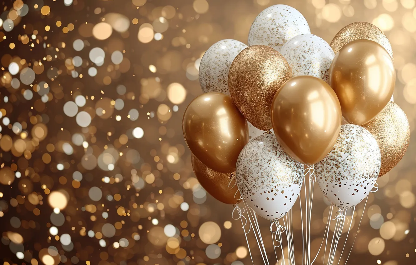 Фото обои воздушные шары, фон, день рождения, golden, Happy Birthday, background, bokeh, balloons