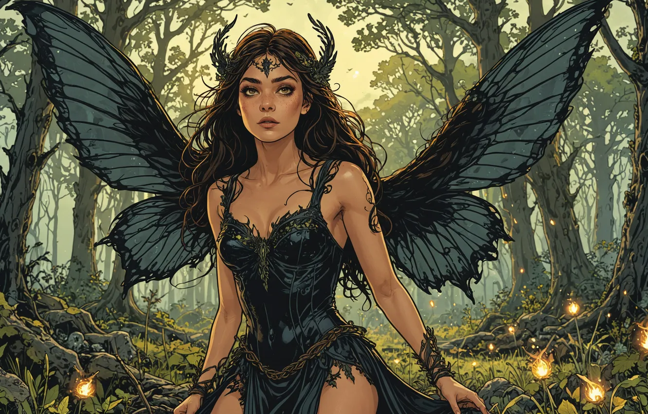 Фото обои лес, девушка, фея, крылья бабочки