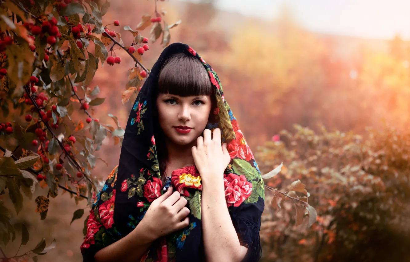 Фото обои осень, девушка, природа, ягоды, куст, брюнетка, платок, боярышник