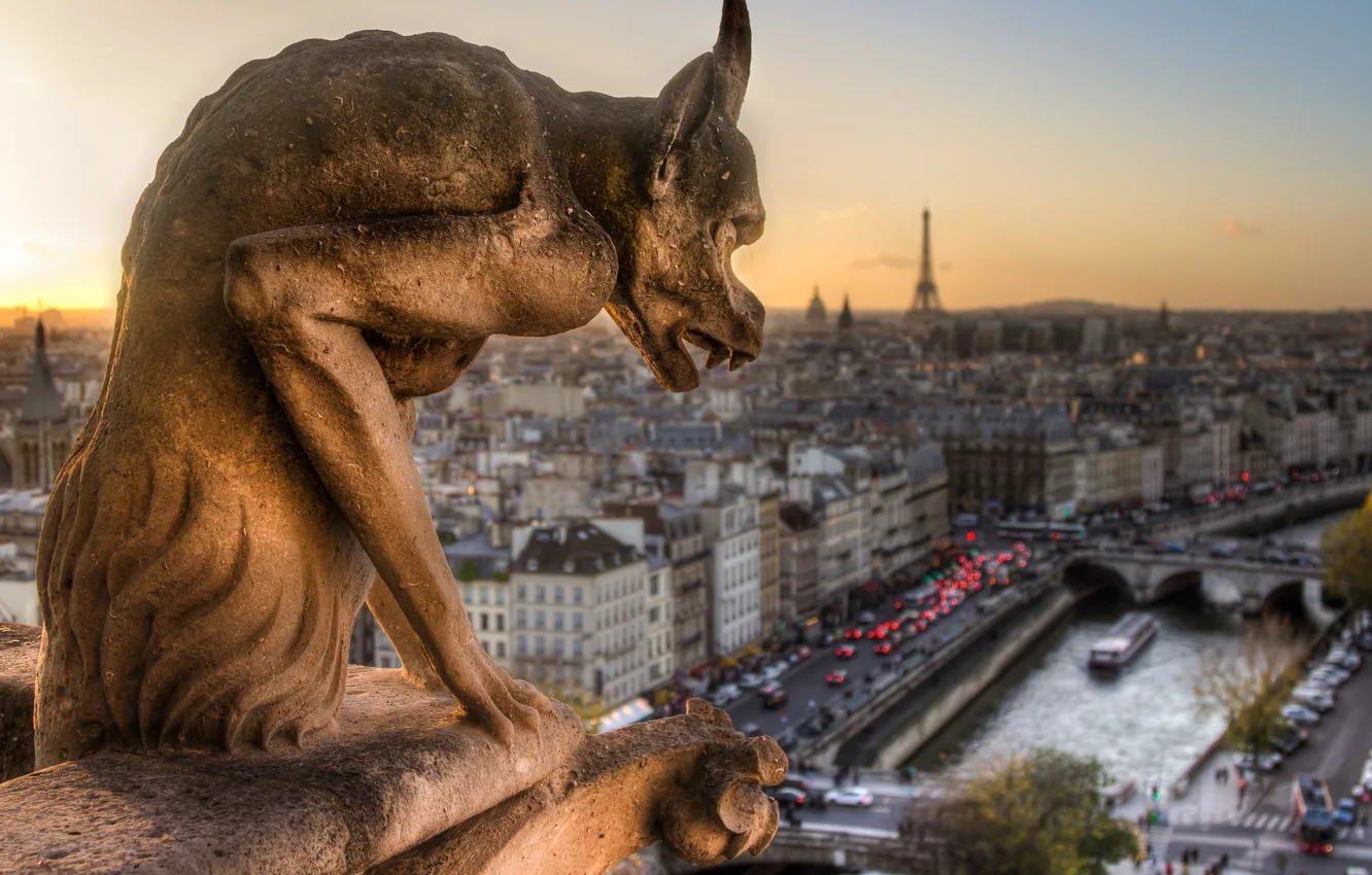 Фото обои город, Франция, Париж, вид, панорама, Paris, скульптура, Собор Парижской Богоматери