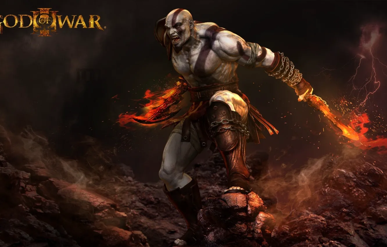 Фото обои fire, flame, sword, rock, demigod, Kratos, God of War, general