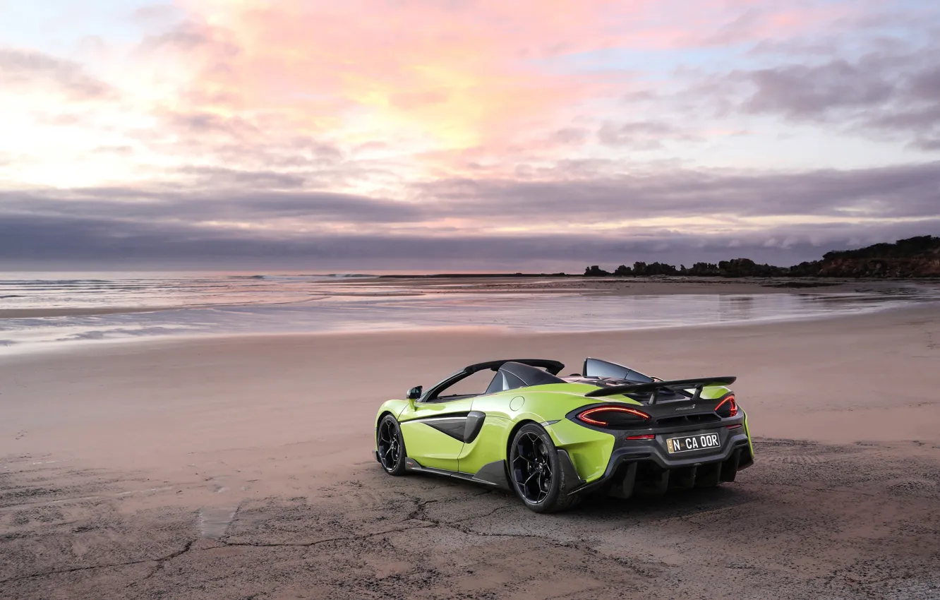 Фото обои пляж, закат, McLaren, суперкар, Spider, 2019, 600LT, Lime Green
