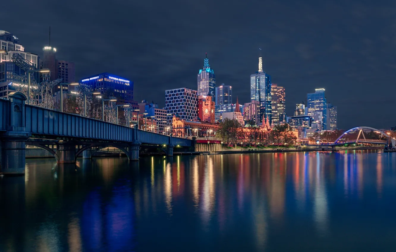 Фото обои мост, река, здания, дома, Австралия, ночной город, небоскрёбы, Melbourne