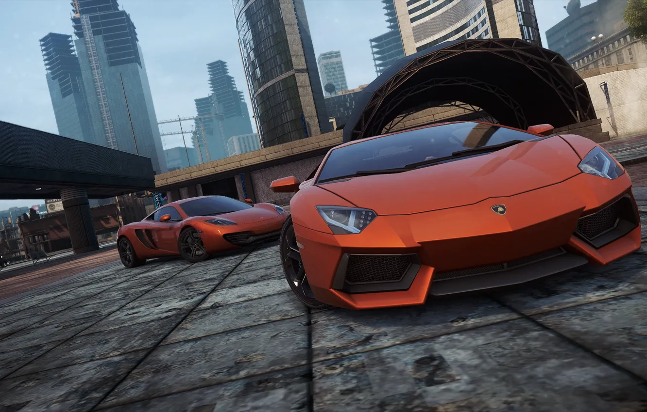Фото обои Cars, Lamborghini Aventador, McLaren MP4-12C, NFS Most Wanted 2012, Ван