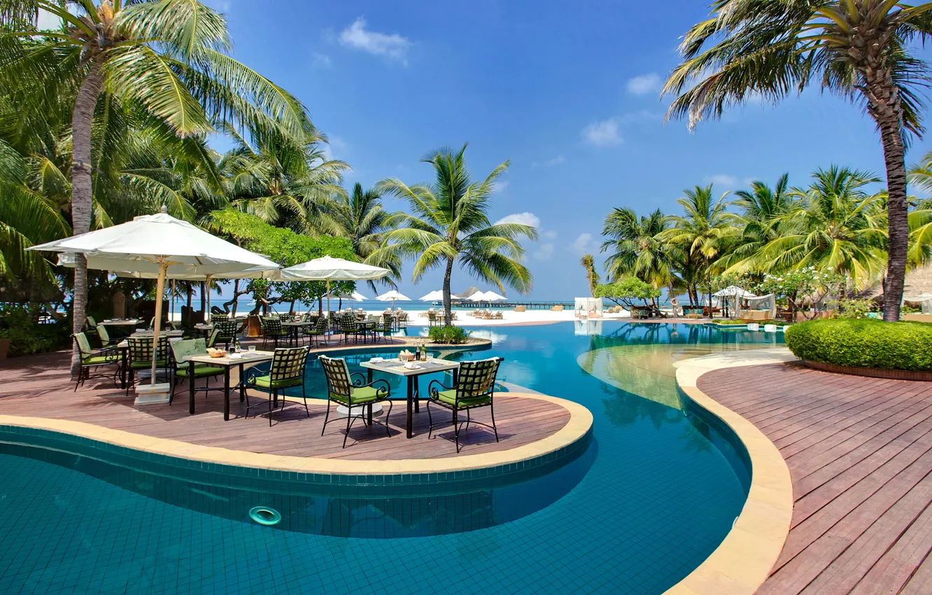 Фото обои пальмы, бассейн, ресторан, курорт