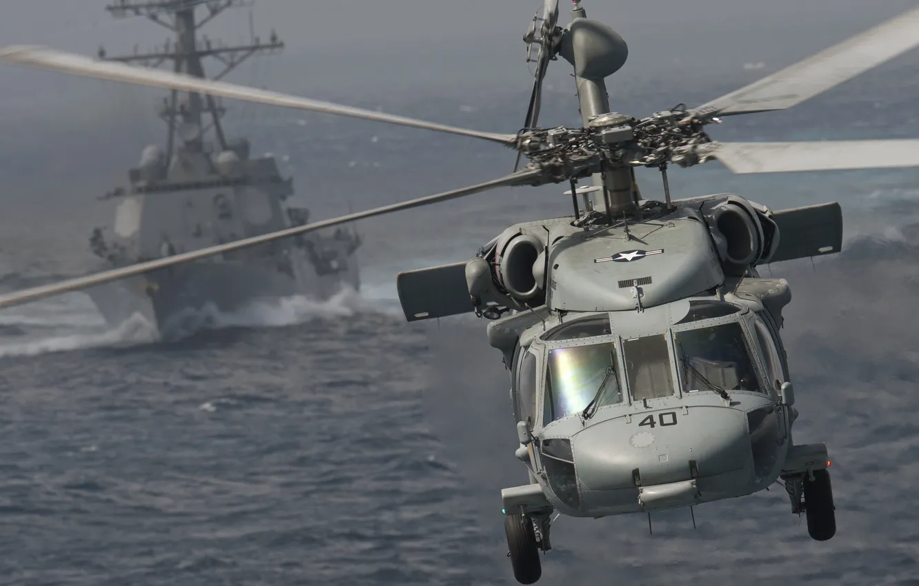 Фото обои море, вертолёт, многоцелевой, UH-60, Black Hawk, типа, миноносец, «Арли Бёрк»