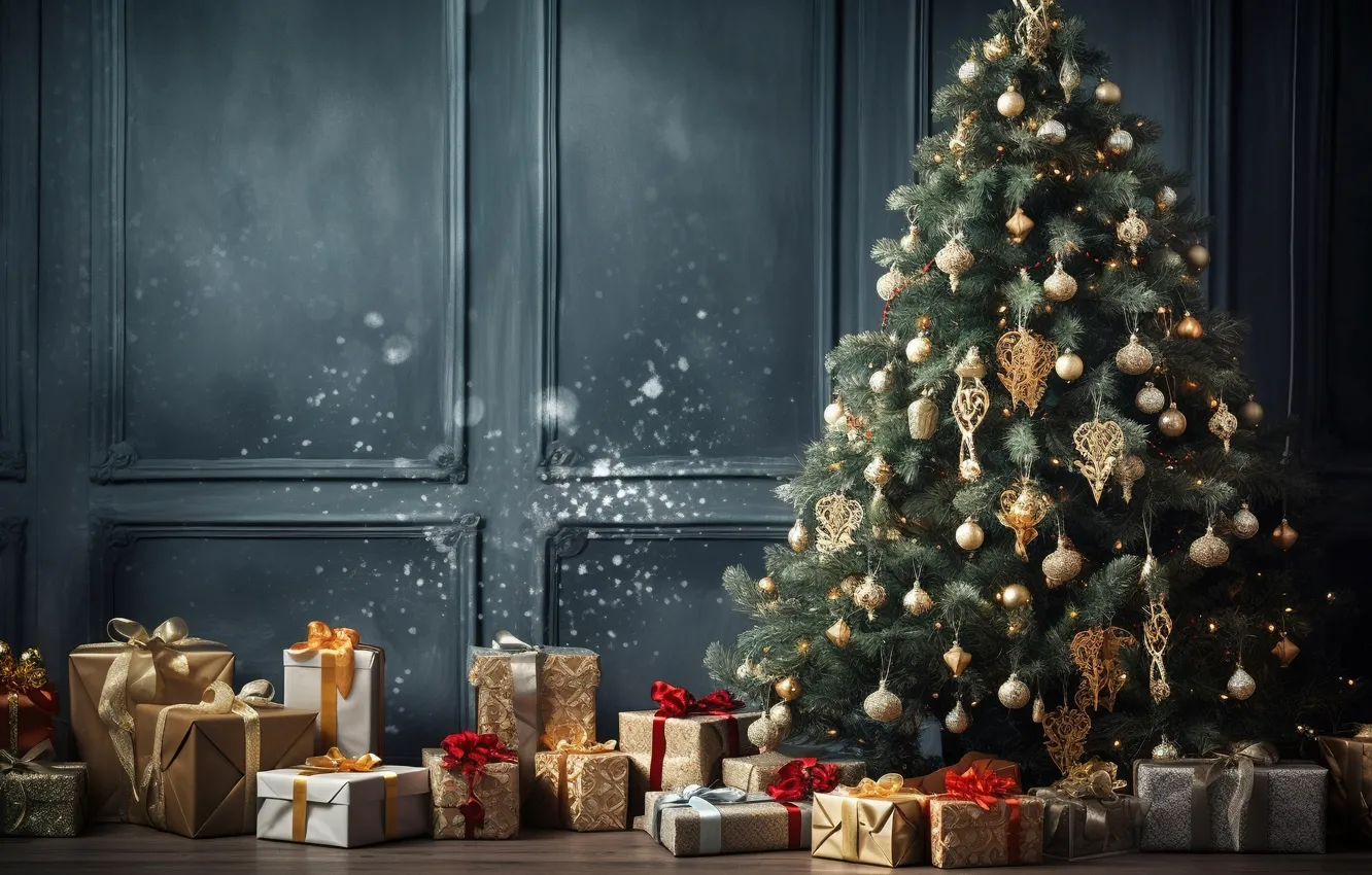 Фото обои украшения, комната, шары, елка, Новый Год, Рождество, подарки, new year