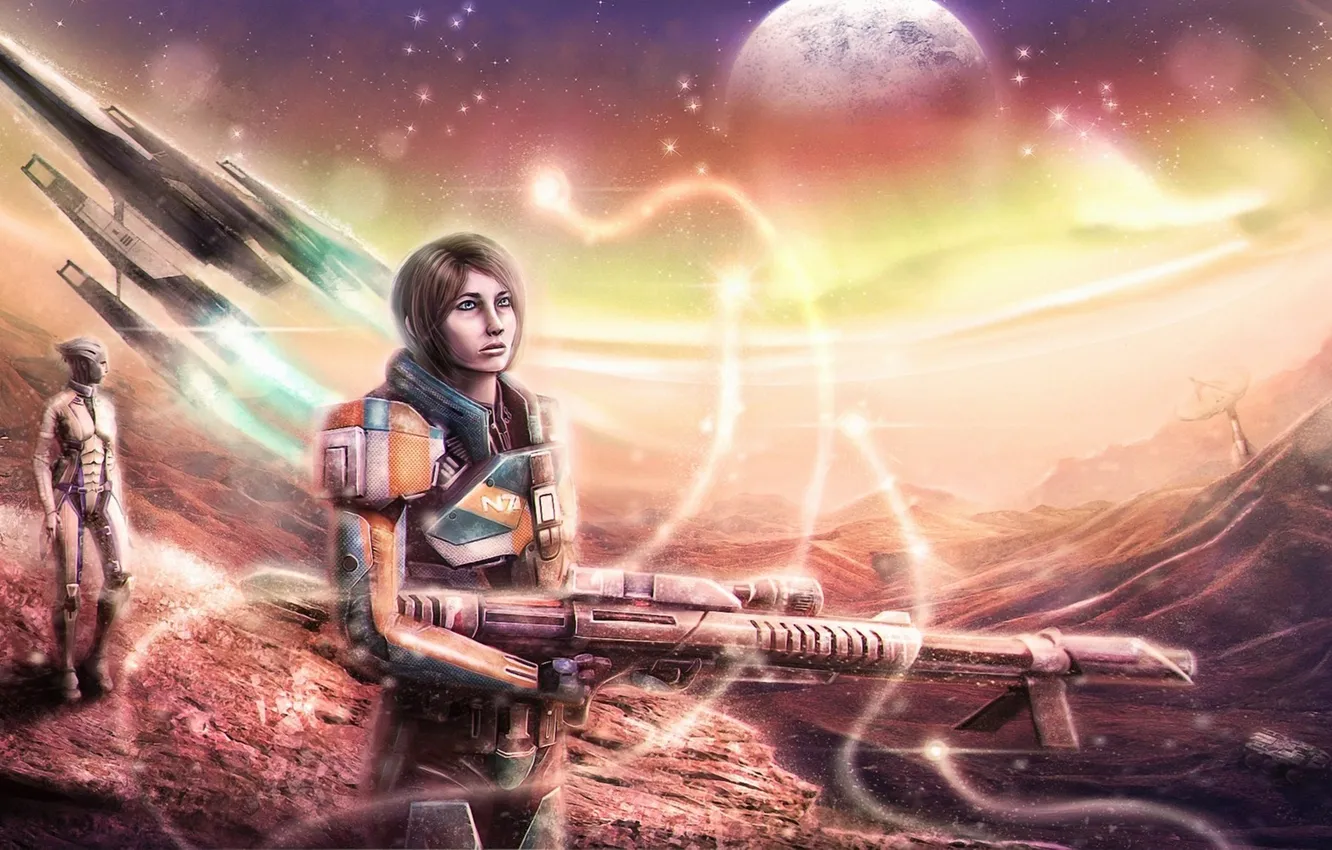 Фото обои оружие, корабль, планета, арт, Mass Effect, Shepard, Liara