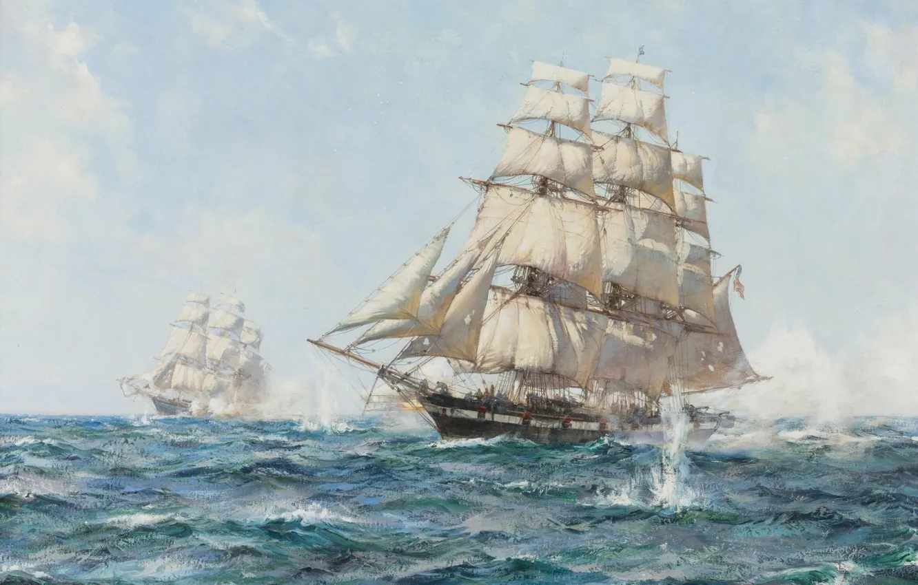 Фото обои море, волны, рисунок, парусники, Montague Dawson