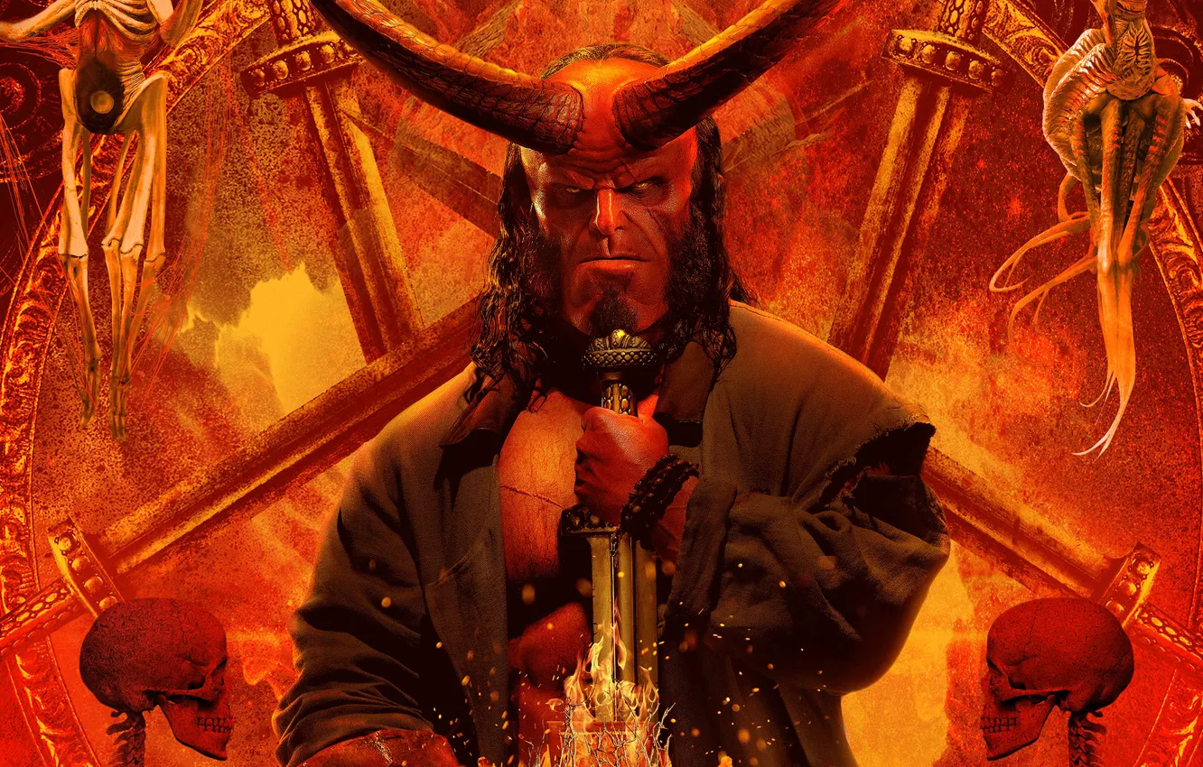 Фото обои череп, меч, фэнтези, рога, боевик, постер, красный фон, Hellboy