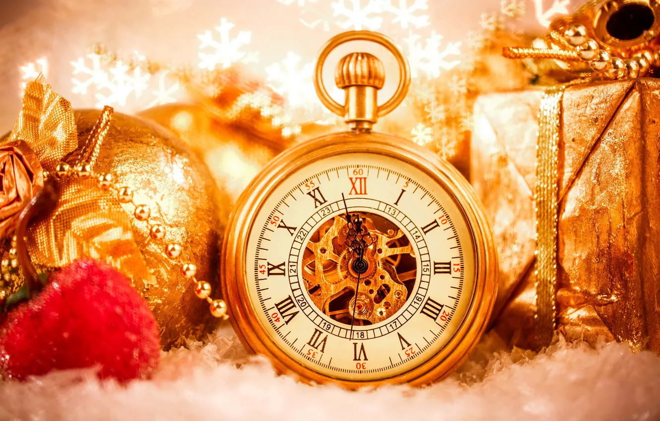 Фото обои Часы, Шарики, Новый год, Праздник, Карманные часы