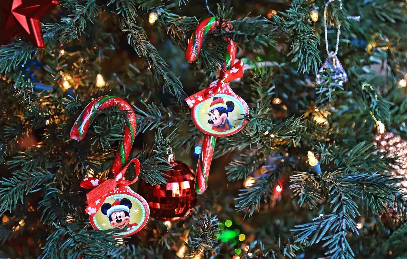 Фото обои игрушки, елка, новый год, рождество, конфеты