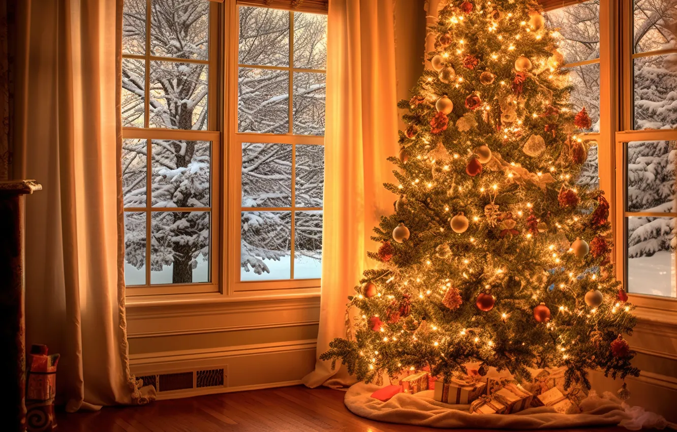 Фото обои украшения, lights, комната, шары, елка, интерьер, Новый Год, Рождество