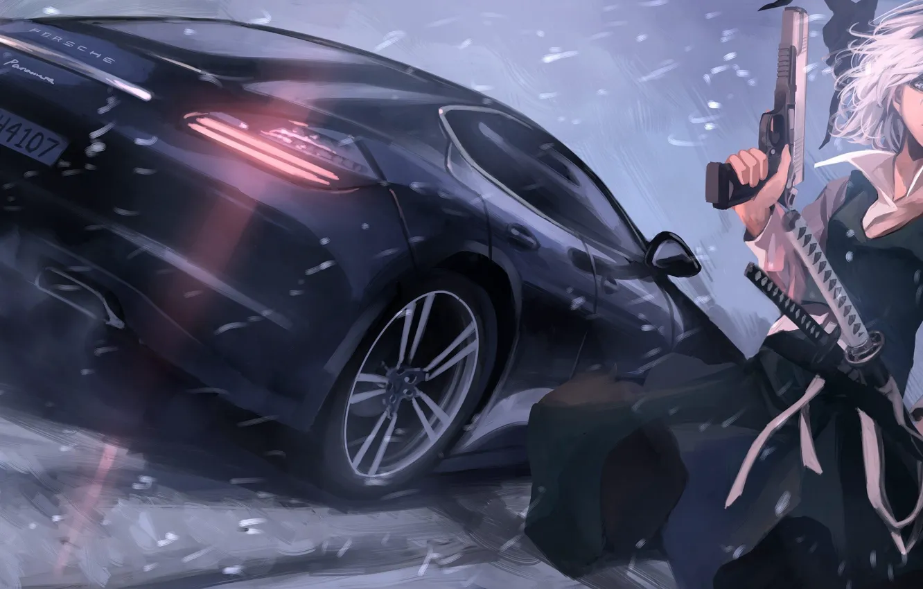 Фото обои авто, девушка, снег, пистолет, катаны, Touhou Project, Youmu Konpaku, by Terabyte