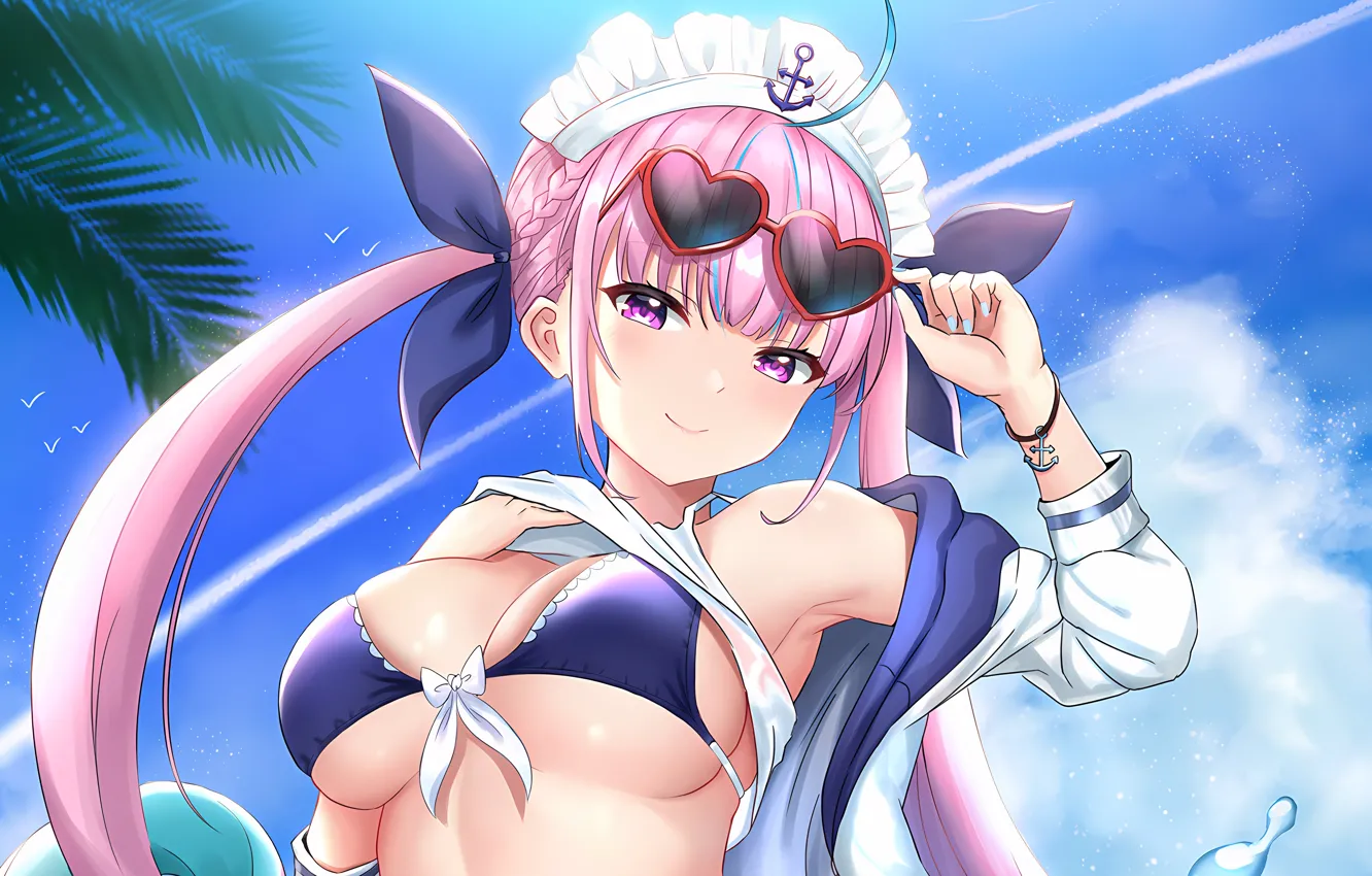 Фото обои girl, sexy, cleavage, pink hair, sky, long hair, boobs, anime