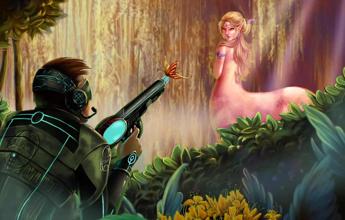 Фото обои лес, девушка, оружие, бабочка, арт, солдат, мужчина, кентавр