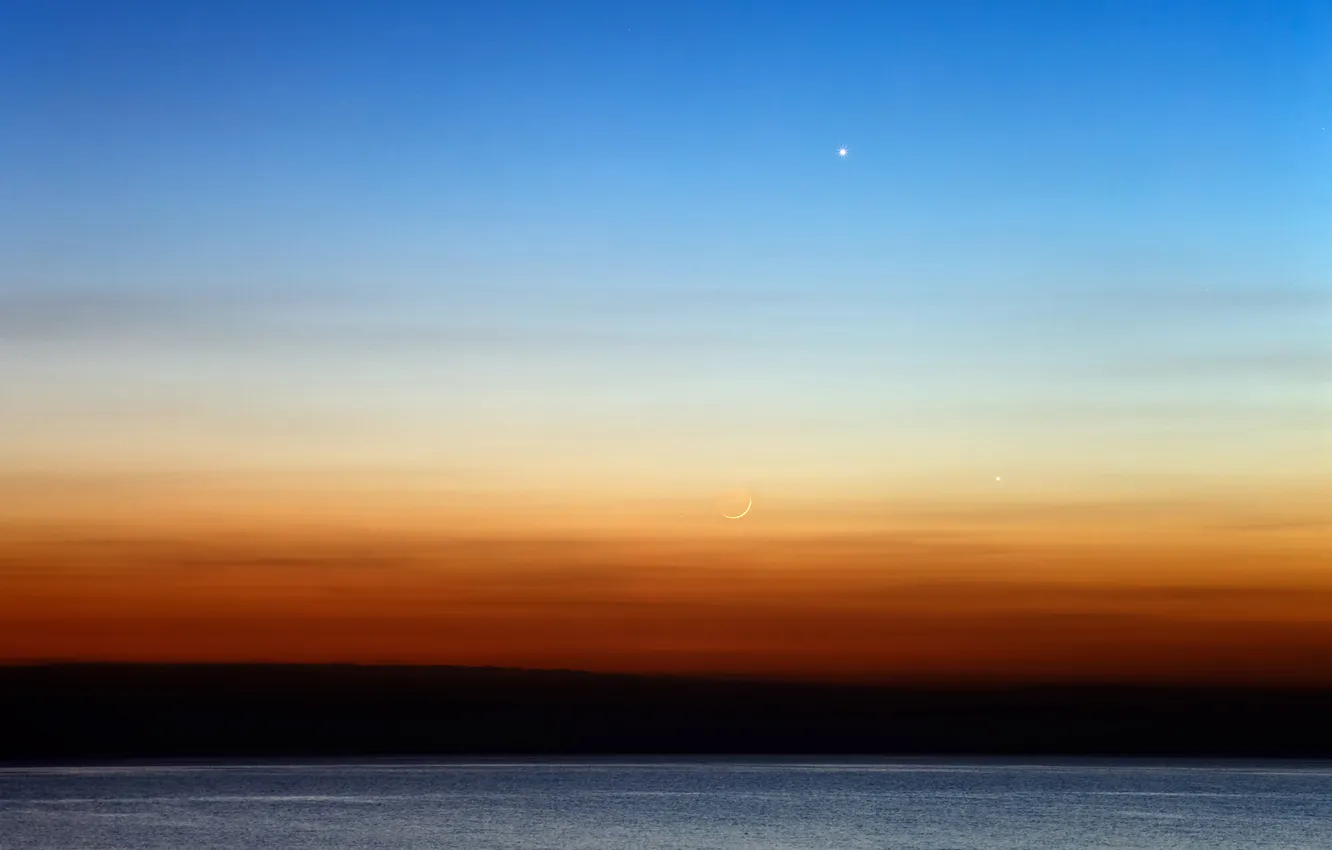 Фото обои небо, океан, Луна, горизонт, Меркурий, Венера