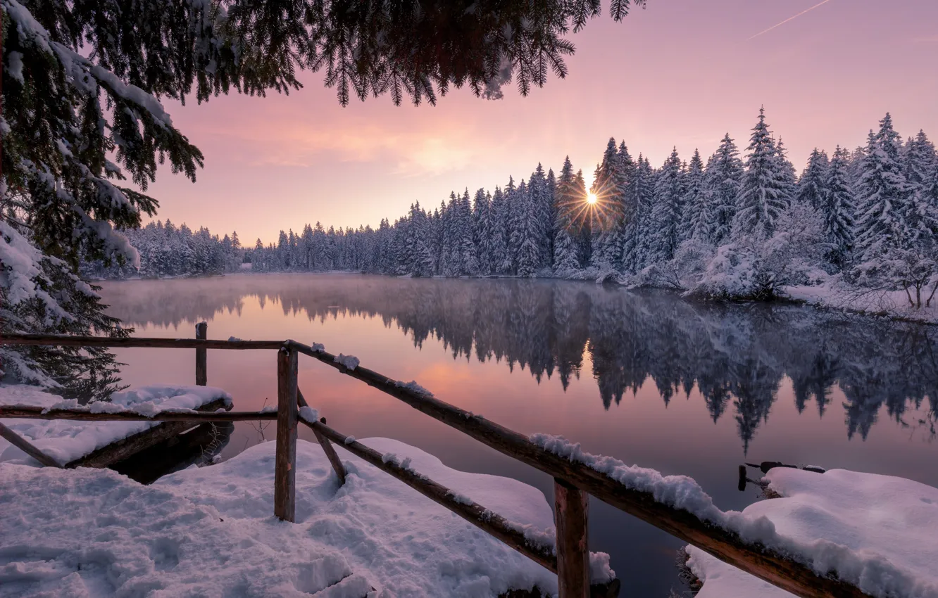Фото обои зима, лес, снег, закат, озеро, пруд, отражение, Швейцария