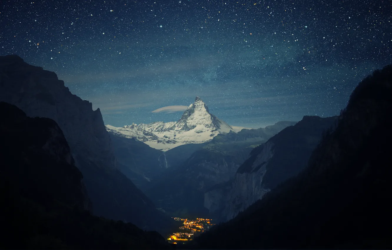Фото обои горы, ночь, долина, городок, Switzerland, Alps, Matterhorn, the Lauterbrunnen valley