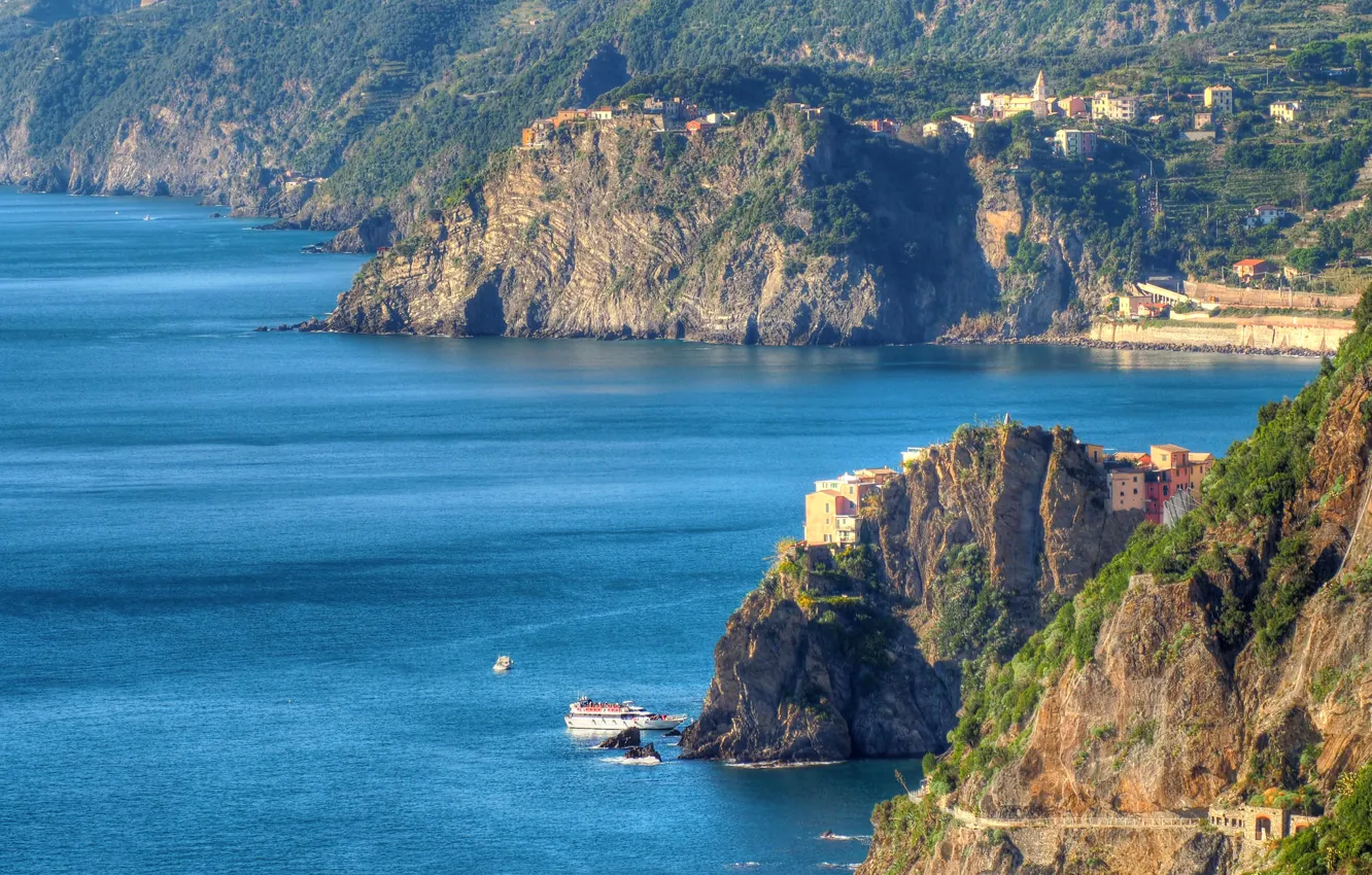 Фото обои море, горы, скалы, дома, Италия, Манарола, Чинкве-Терре, Лигурийское побережье