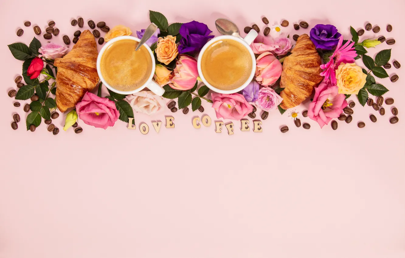 Фото обои цветы, надпись, кофе, чашки, композиция, Natalia Klenova