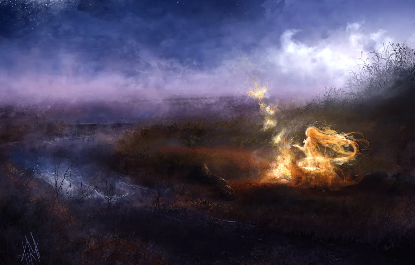 Фото обои девушка, ночь, огни, река, магия, арт