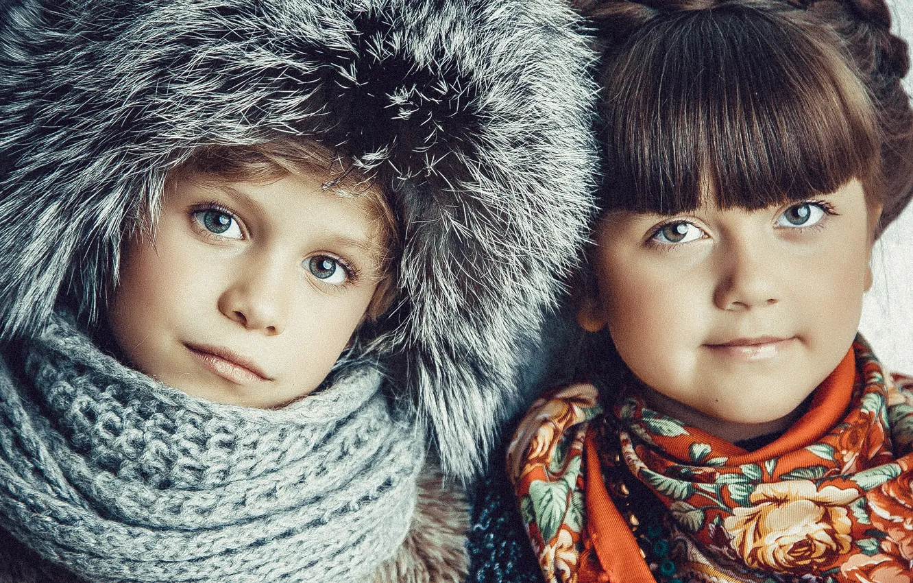 Фото обои зима, дети, улыбка, шапка, Русская Зима