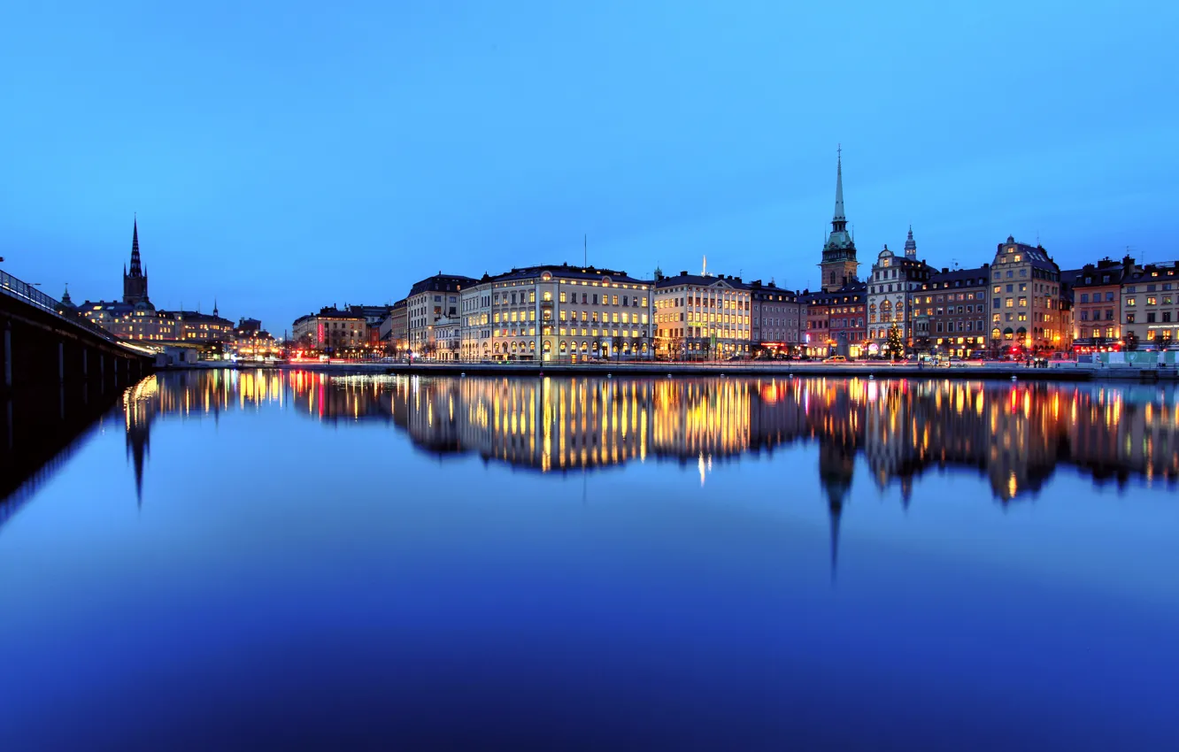 Фото обои небо, закат, мост, огни, отражение, река, зеркало, Стокгольм