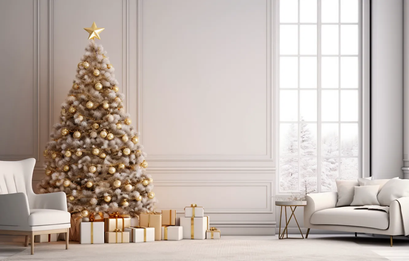 Фото обои украшения, дом, комната, шары, елка, интерьер, Новый Год, Рождество